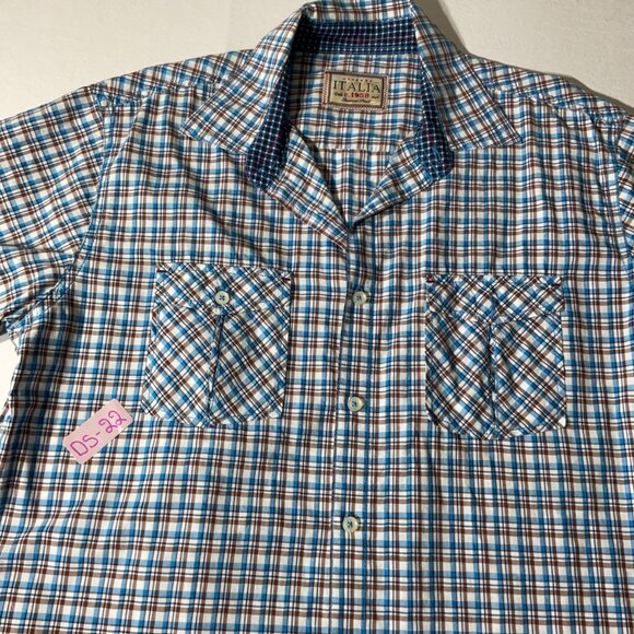 Vintage Italia C.1958 Mens Plaid Size L Sleeve Button-Up Shirt Blue & Brown - Picture 8 of 8